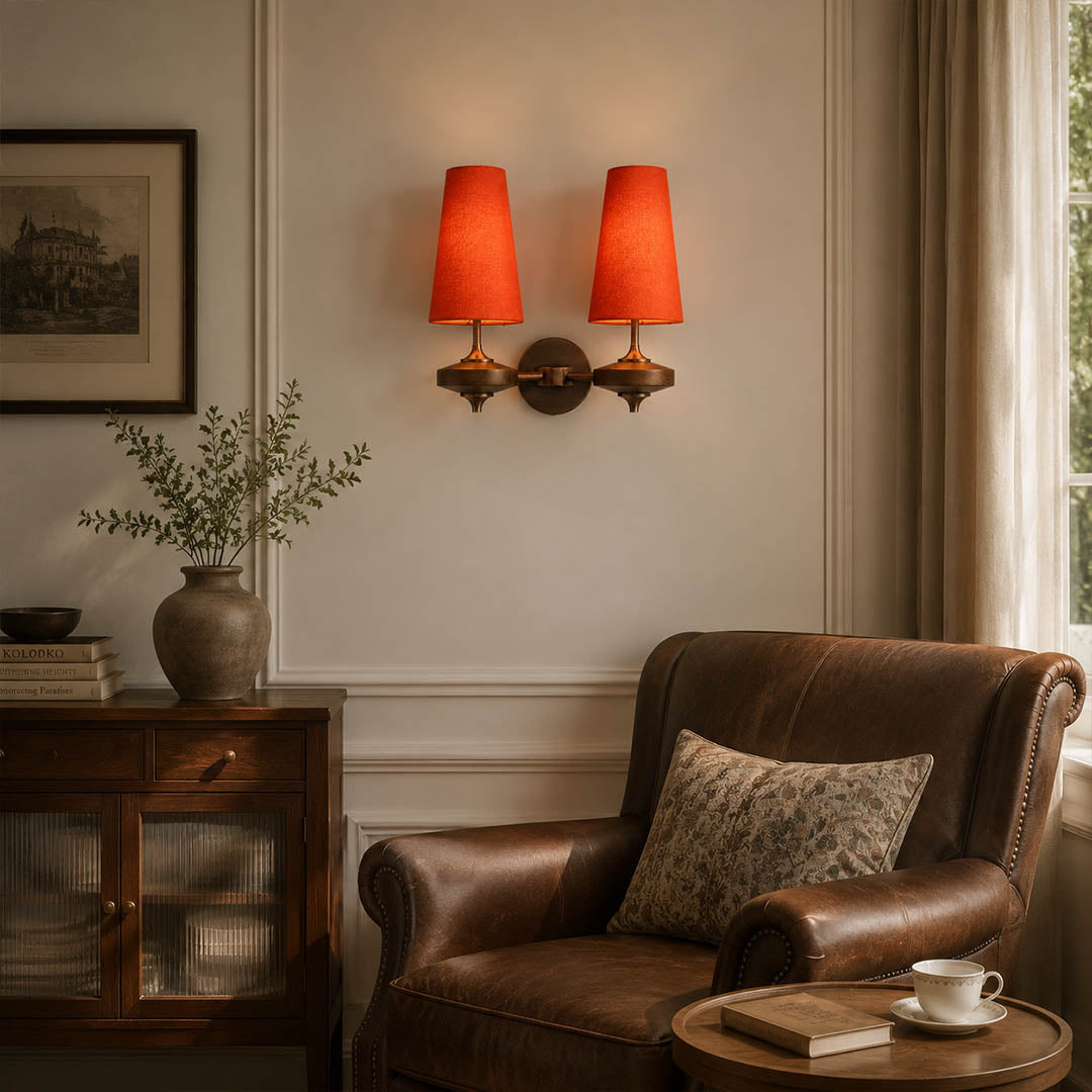 Marnie wall sconce living room sofa side wall mid-century fabric shade bronze walnut warm ambient American home lifestyle interior