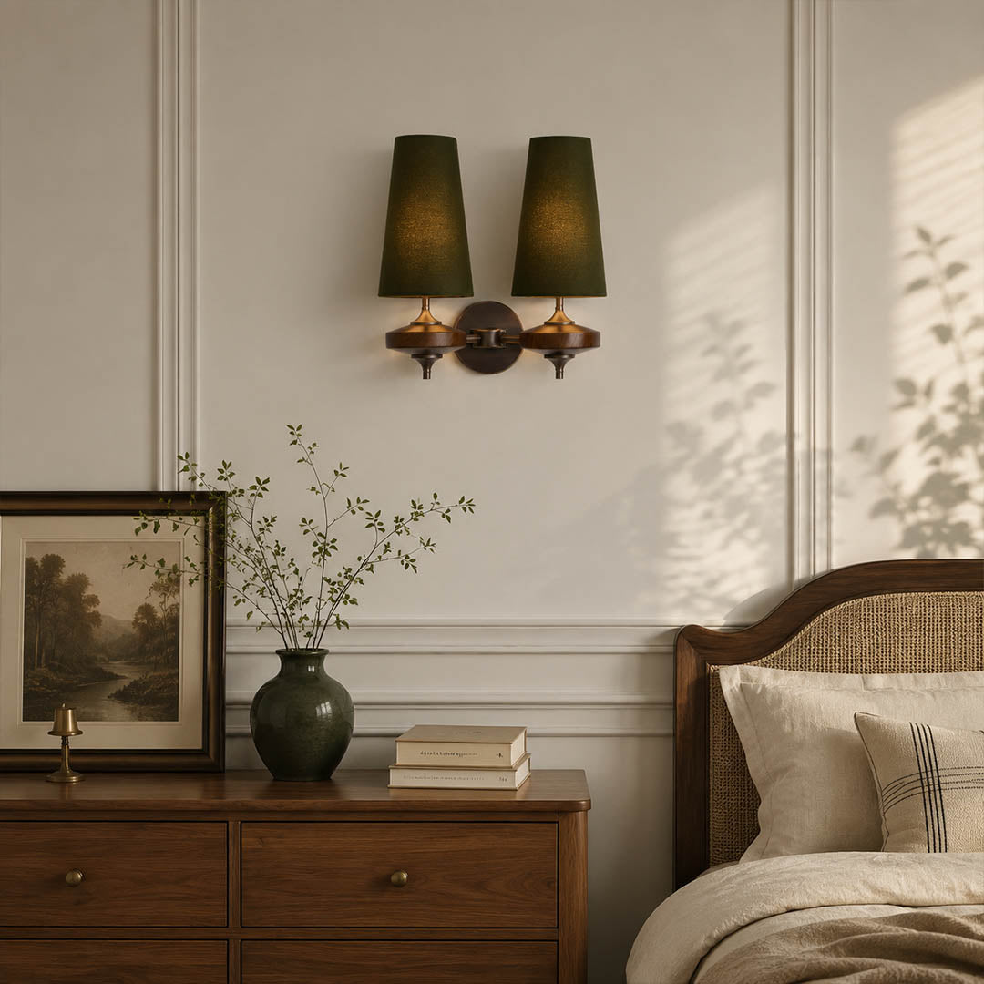 Marnie twin shade wall sconce bedroom headboard flanking pair symmetrical bedside warm walnut bronze American home lifestyle interior