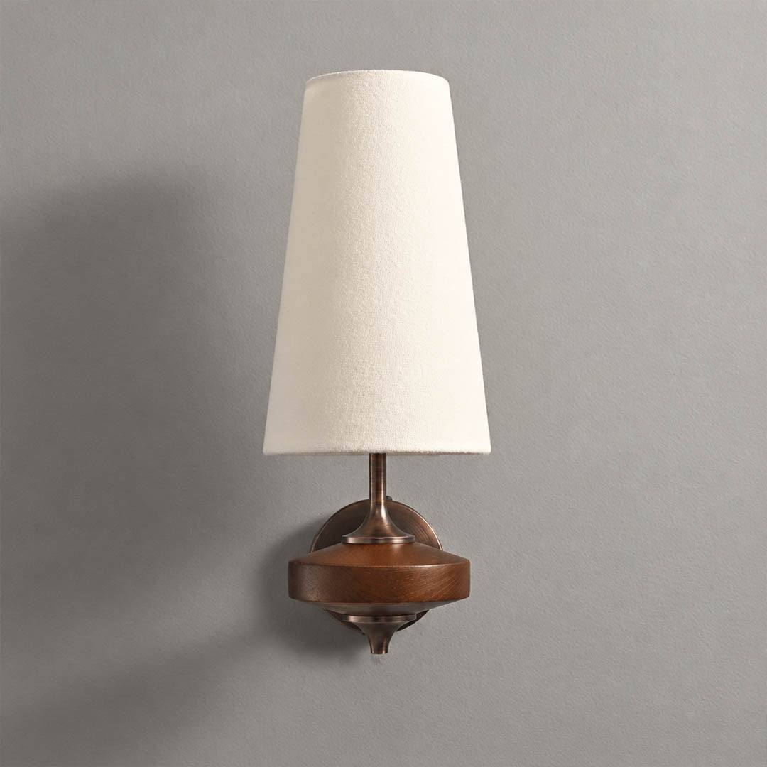 Marnie wall sconce single white fabric shade bronze walnut wood mid-century tapered compact white background front view