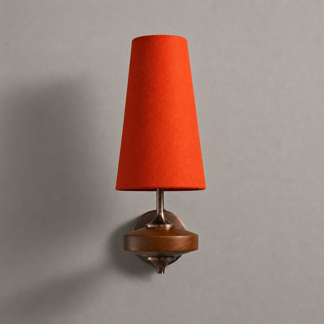Marnie twin shade wall sconce red fabric bronze walnut wood mid-century two shades bold accent white background front view