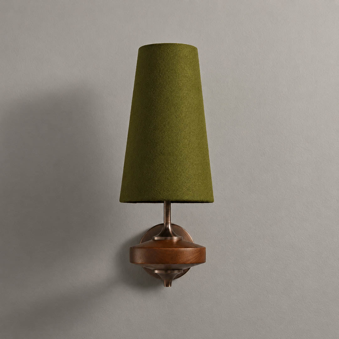Marnie twin shade wall sconce green fabric bronze walnut wood mid-century two shades earthy white background front view