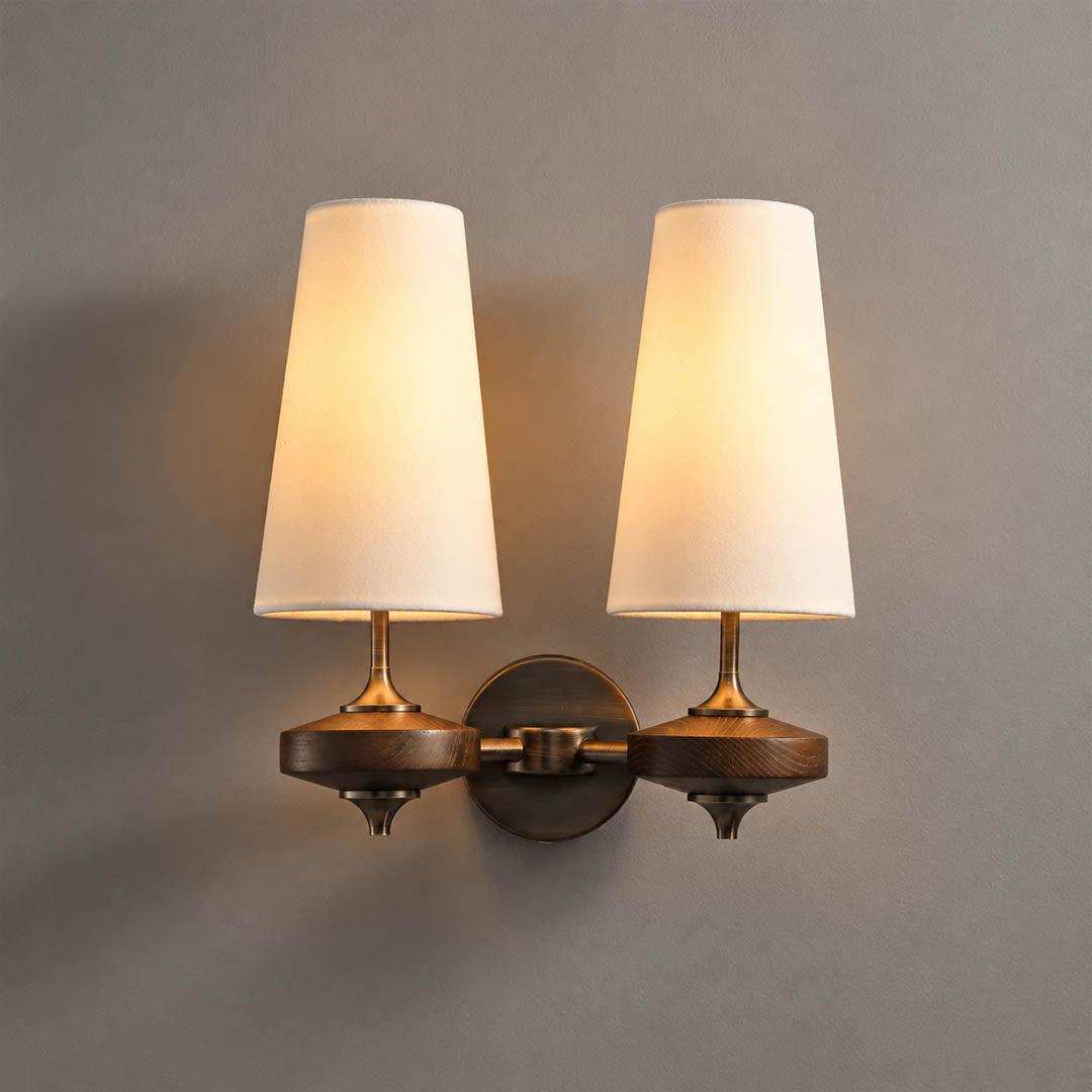 Marnie twin shade wall sconce white fabric bronze walnut wood mid-century two tapered shades symmetrical white background front view