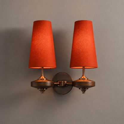 Marnie twin shade wall sconce red fabric bronze walnut wood mid-century two shades bold accent white background front view