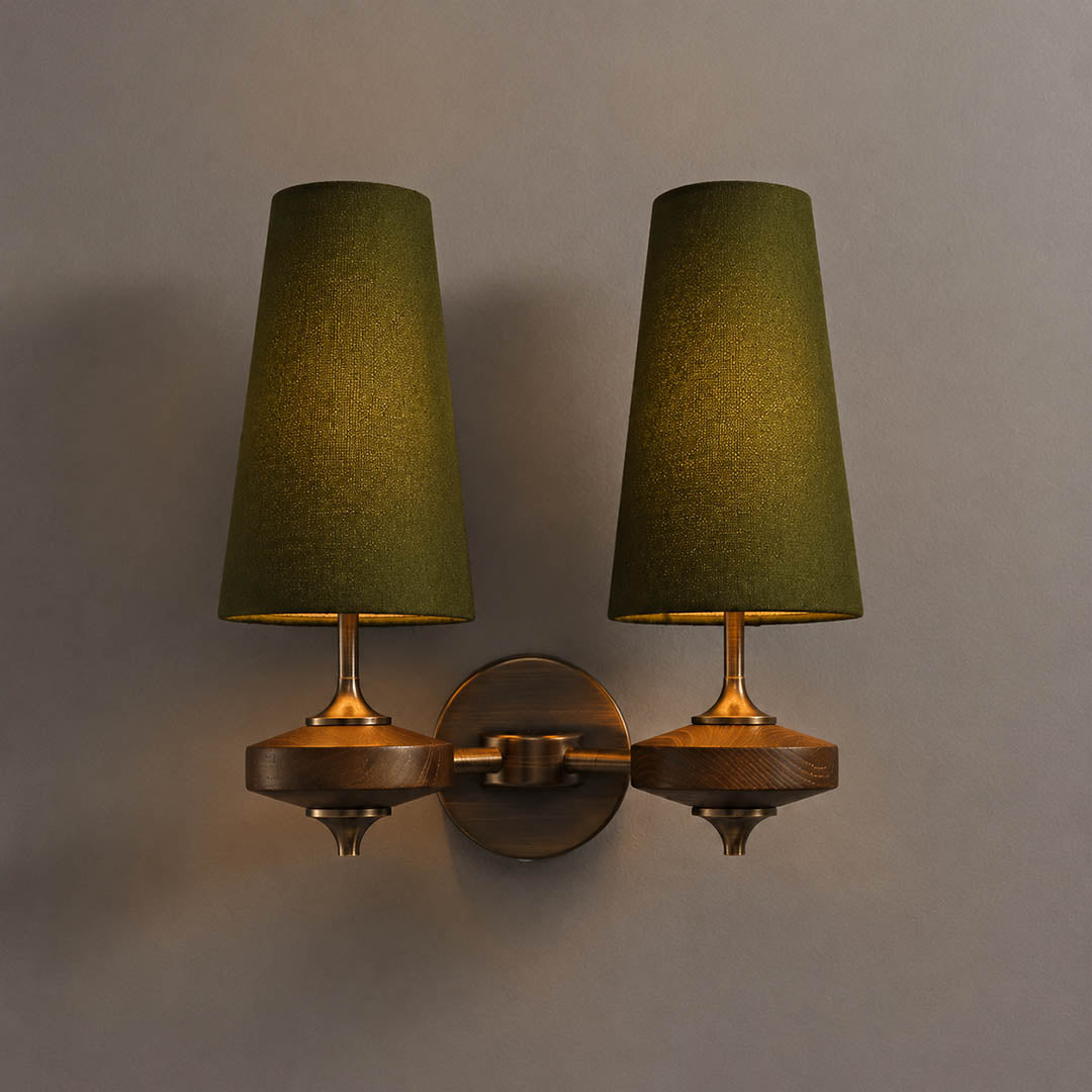 Marnie twin shade wall sconce green fabric bronze walnut wood mid-century two shades earthy white background front view