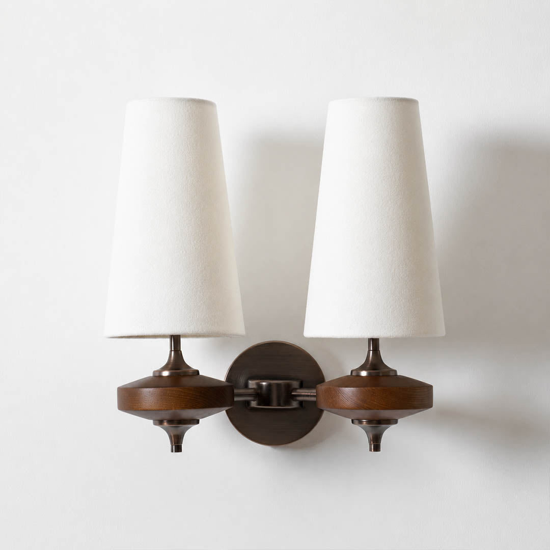Marnie twin shade wall sconce white fabric bronze walnut wood mid-century two tapered shades symmetrical white background front view
