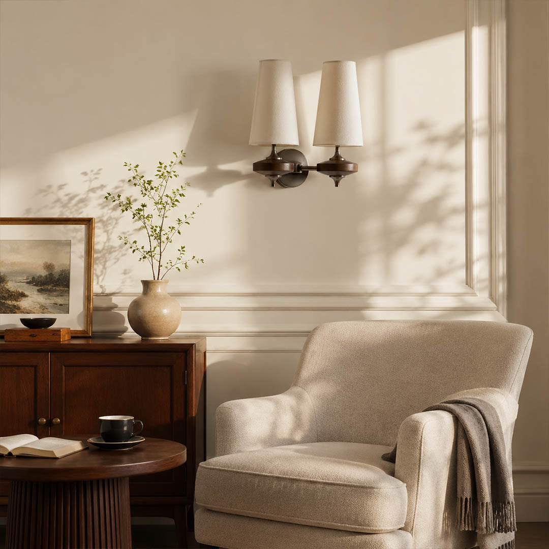 Marnie wall sconce living room sofa side wall mid-century fabric shade bronze walnut warm ambient American home lifestyle interior