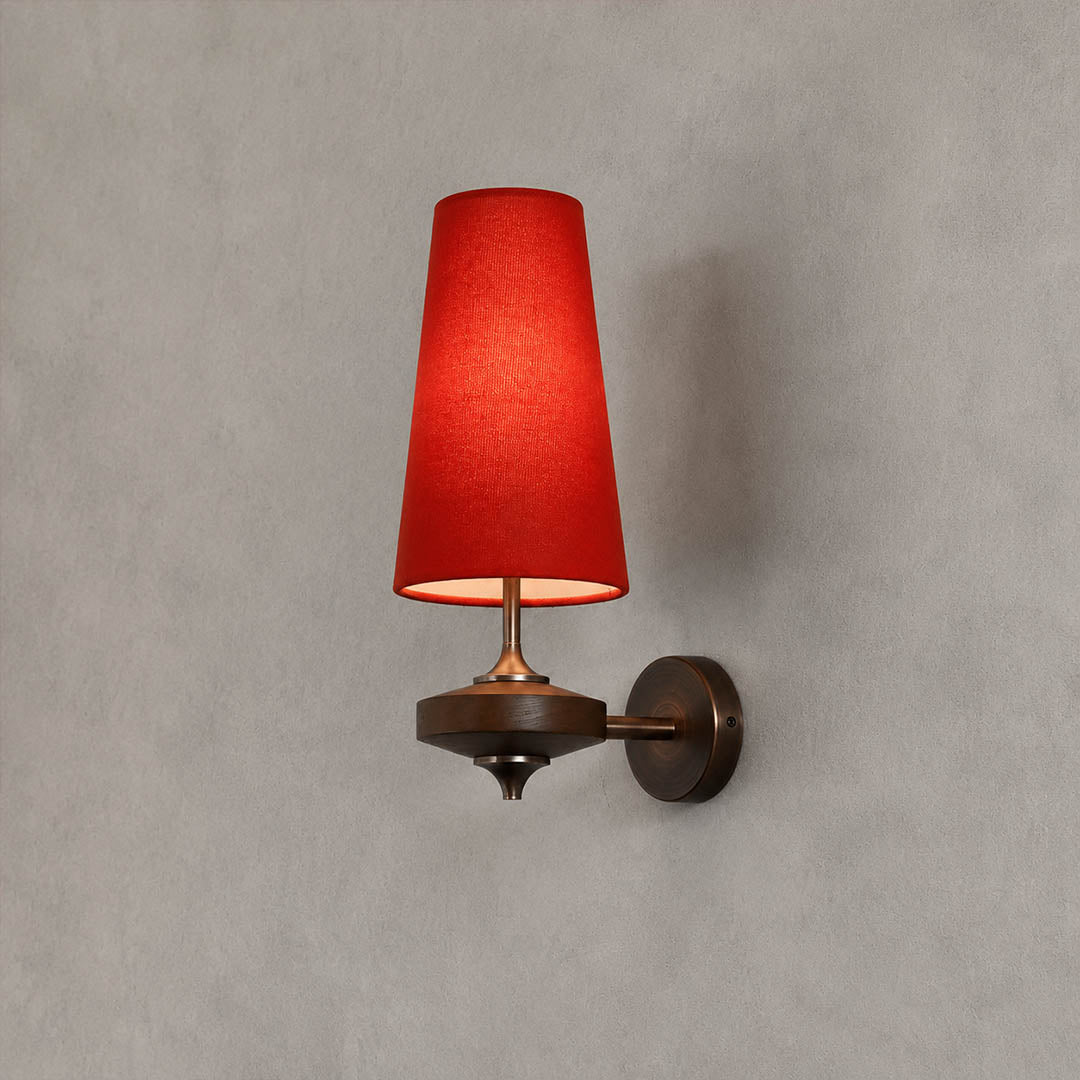 Marnie twin shade wall sconce red fabric bronze walnut wood mid-century two shades bold accent white background front view