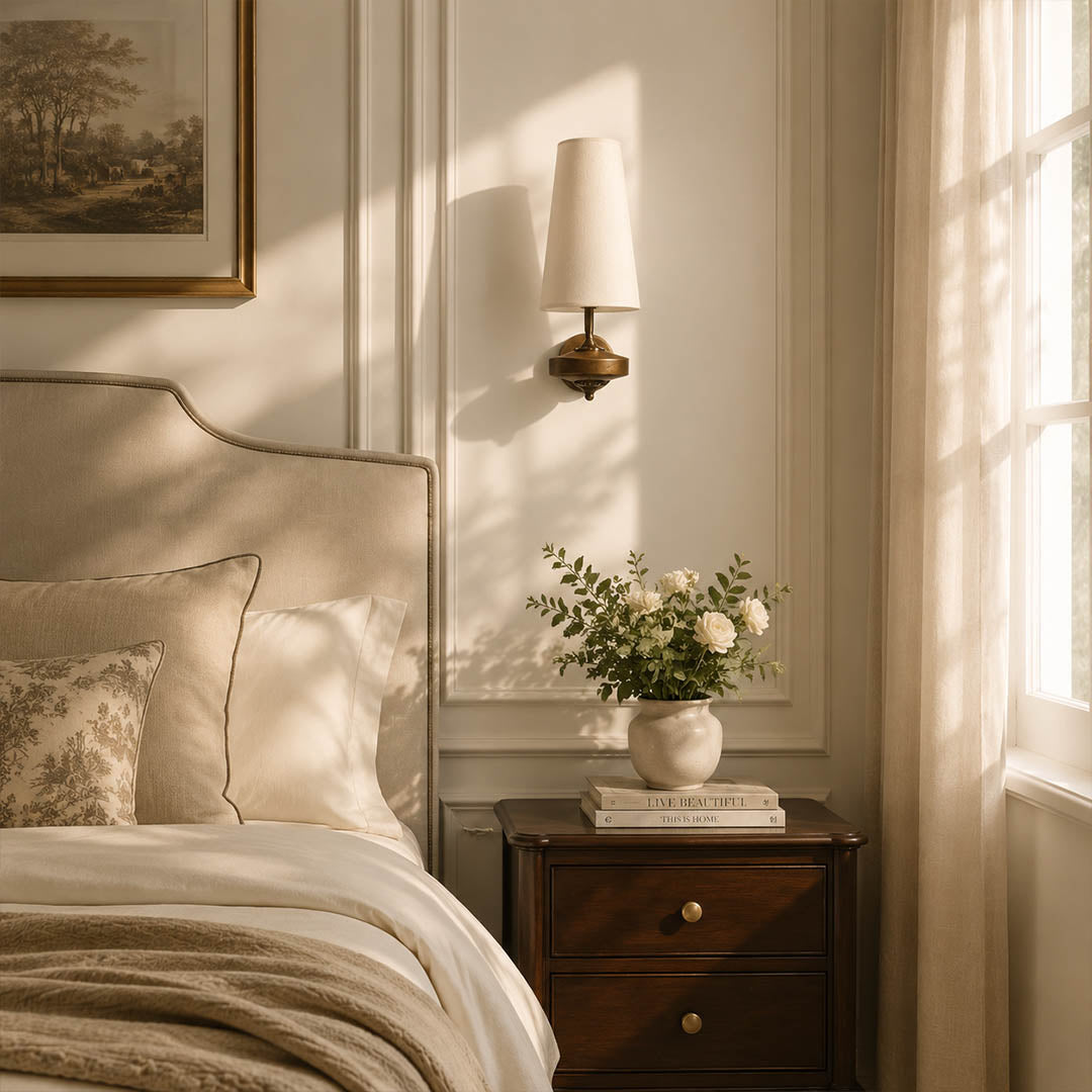 Marnie wall sconce bedside single light reading nook warm fabric shade walnut bronze cozy American home lifestyle interior