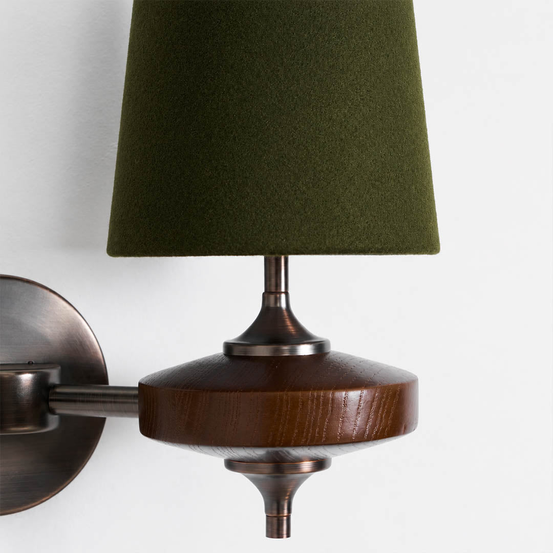 Marnie wall sconce walnut wood base natural grain warm finish detail close up mid-century craftsmanship