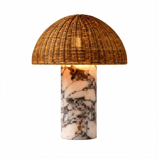 Maroca woven rattan table lamp natural rattan dome shade veined marble base handwoven wabi sabi white background front view