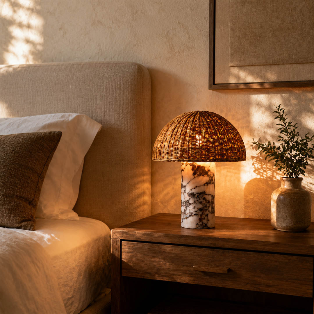 Maroca woven rattan table lamp bedroom nightstand bedside warm glow rattan marble cozy wabi sabi American home lifestyle interior styled