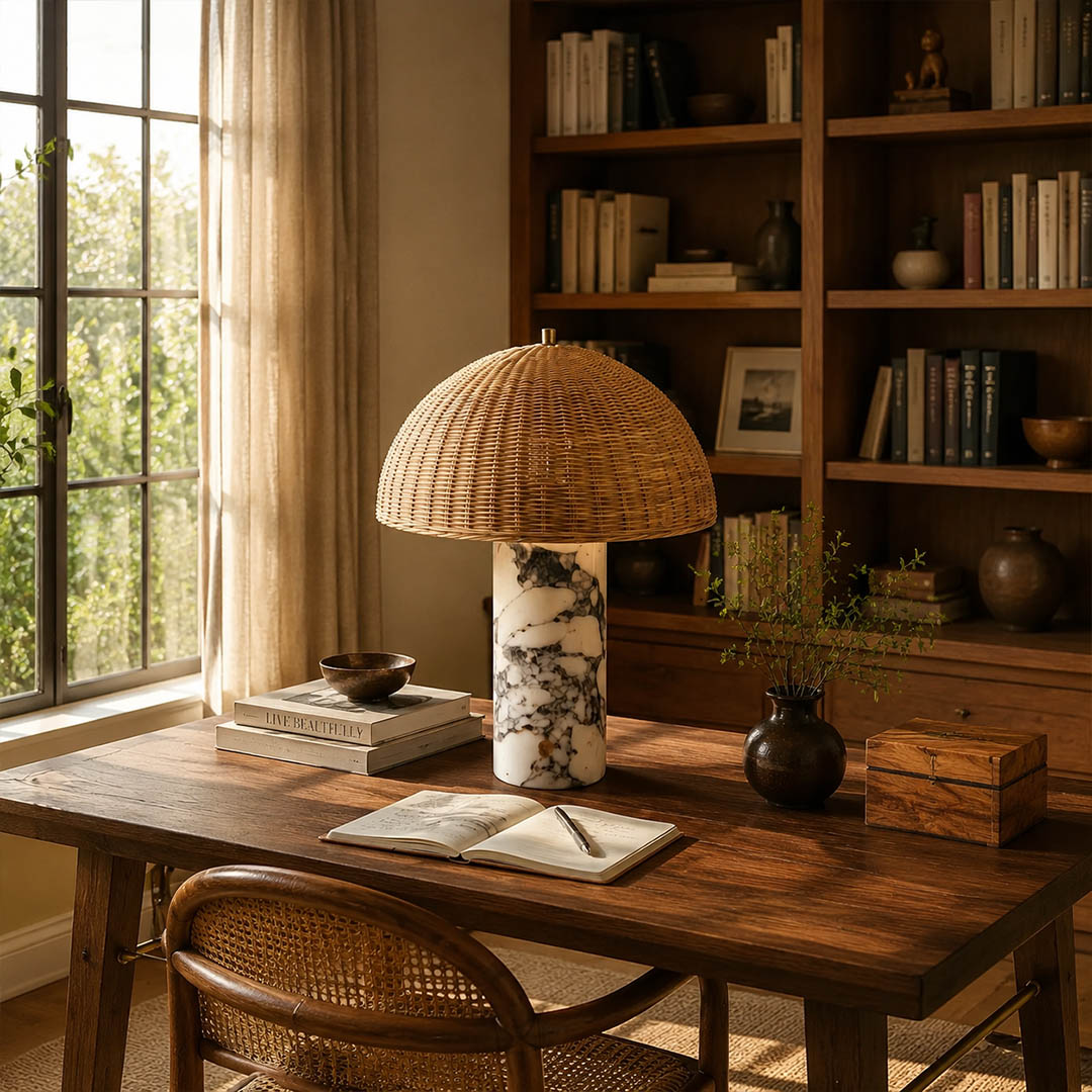 Maroca woven rattan table lamp desk reading nook rattan marble warm glow natural japandi American home lifestyle interior