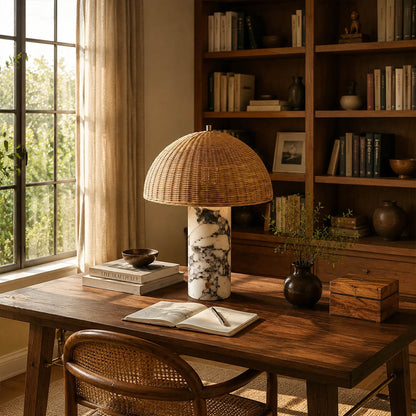 Maroca woven rattan table lamp desk reading nook rattan marble warm glow natural japandi American home lifestyle interior