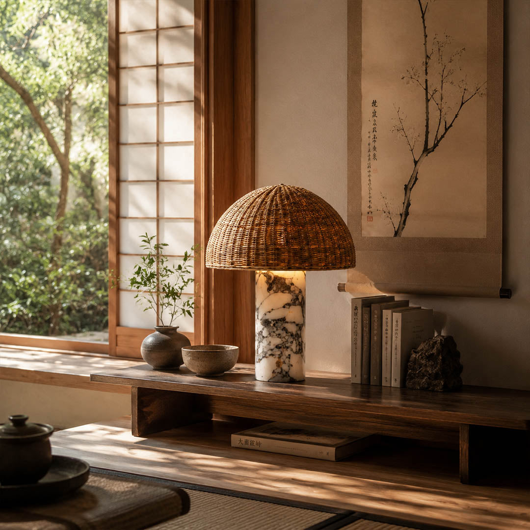 Maroca woven rattan table lamp modern japandi natural space rattan marble warm quiet American home lifestyle interior styled
