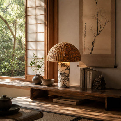 Maroca woven rattan table lamp modern japandi natural space rattan marble warm quiet American home lifestyle interior styled