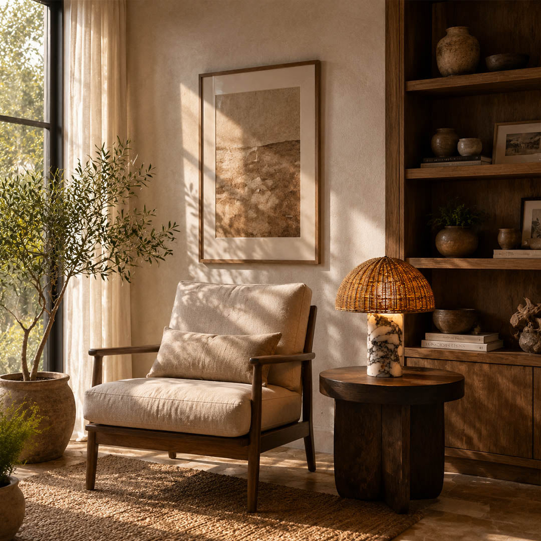Maroca woven rattan table lamp desk reading nook rattan marble warm glow natural japandi American home lifestyle interior