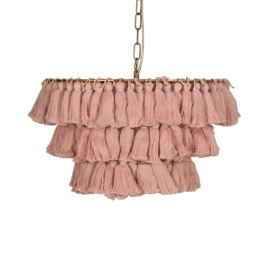 Marrakesh boho tassel pendant light fabric fringe round metal frame  white background