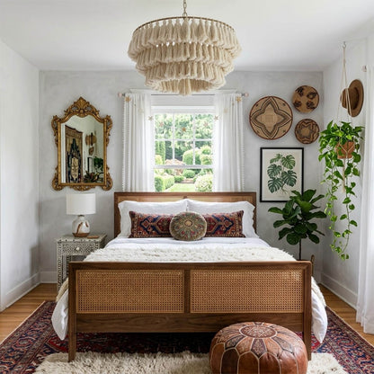 Marrakesh boho tassel pendant light above dining table coastal nordic interior warm light