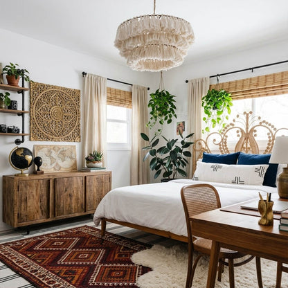 Marrakesh boho tassel pendant light above bed warm glow bohemian bedroom interior