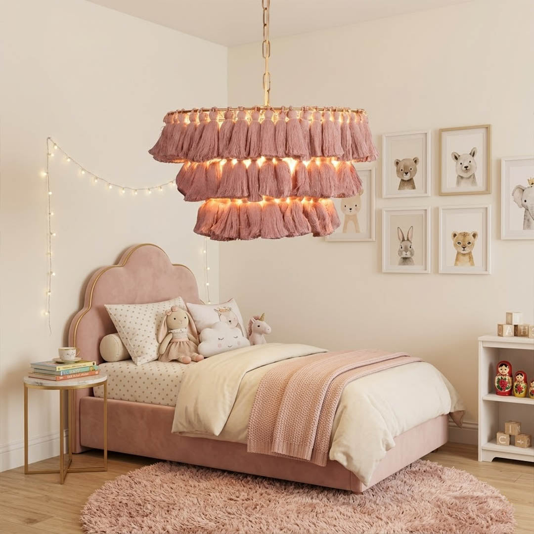 Marrakesh boho tassel pendant light above dining table coastal nordic interior warm light