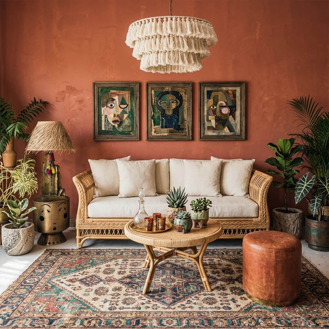 Marrakesh boho tassel pendant light above dining table coastal nordic interior warm light