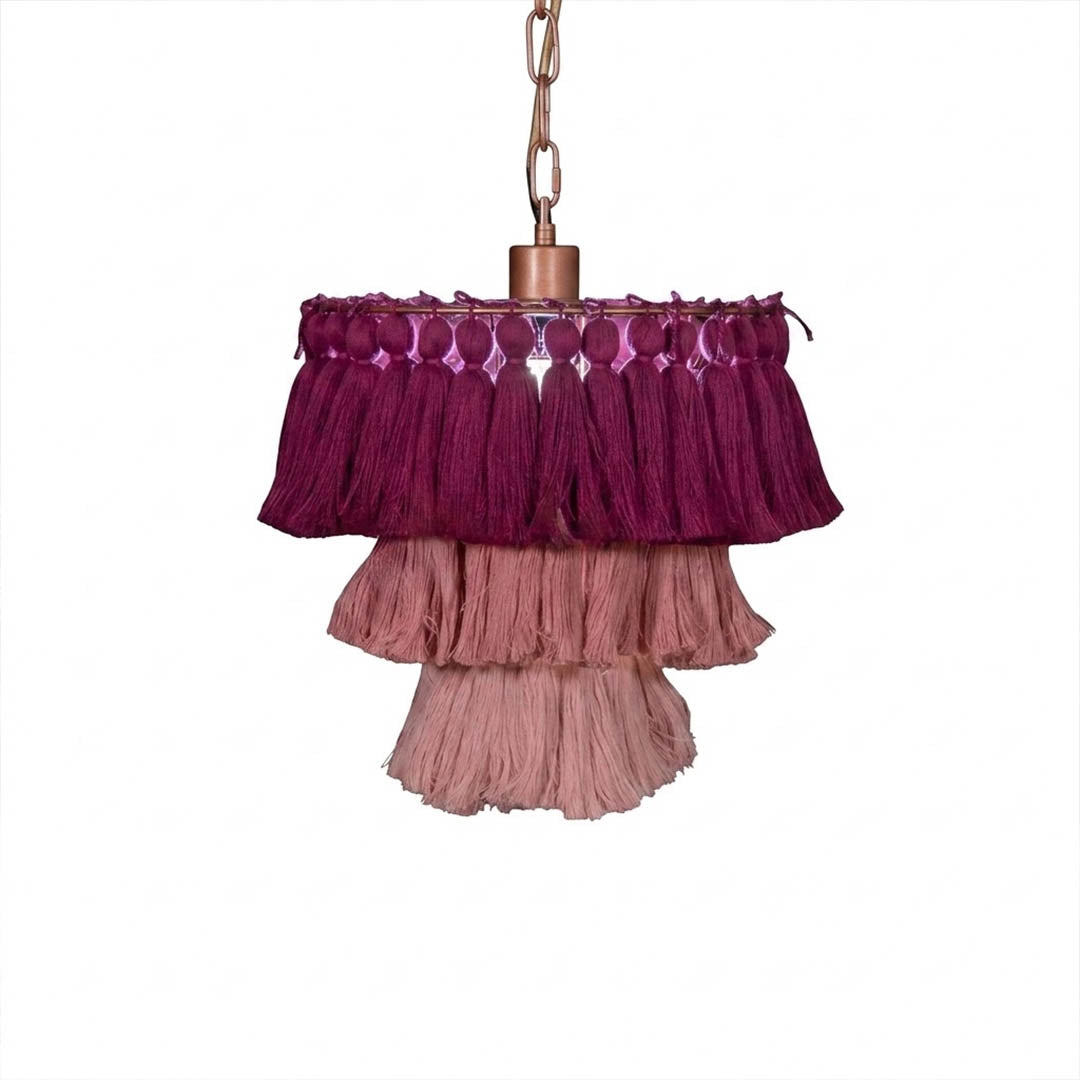 Marrakesh boho tassel pendant light fabric fringe round metal frame  white background
