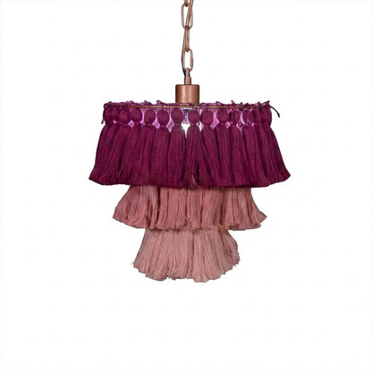 Marrakesh boho tassel pendant light fabric fringe round metal frame  white background