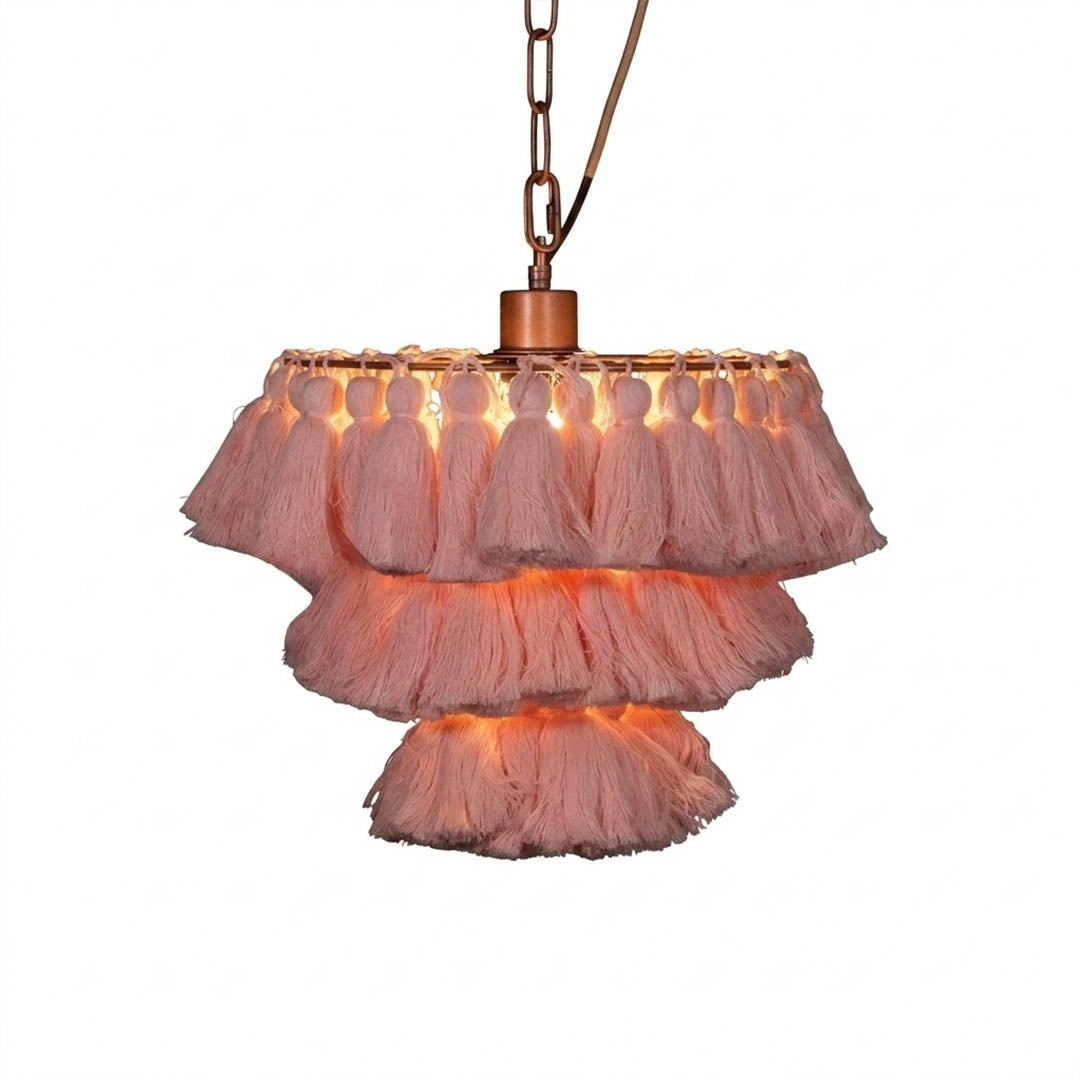 Marrakesh boho tassel pendant light fabric fringe round metal frame  white background
