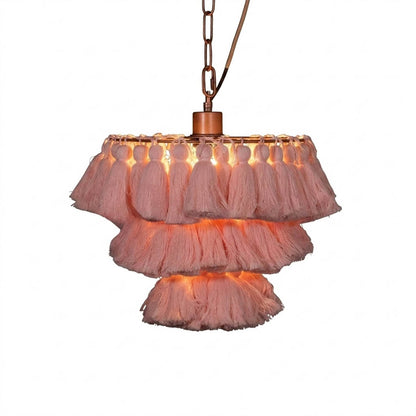 Marrakesh boho tassel pendant light fabric fringe round metal frame  white background