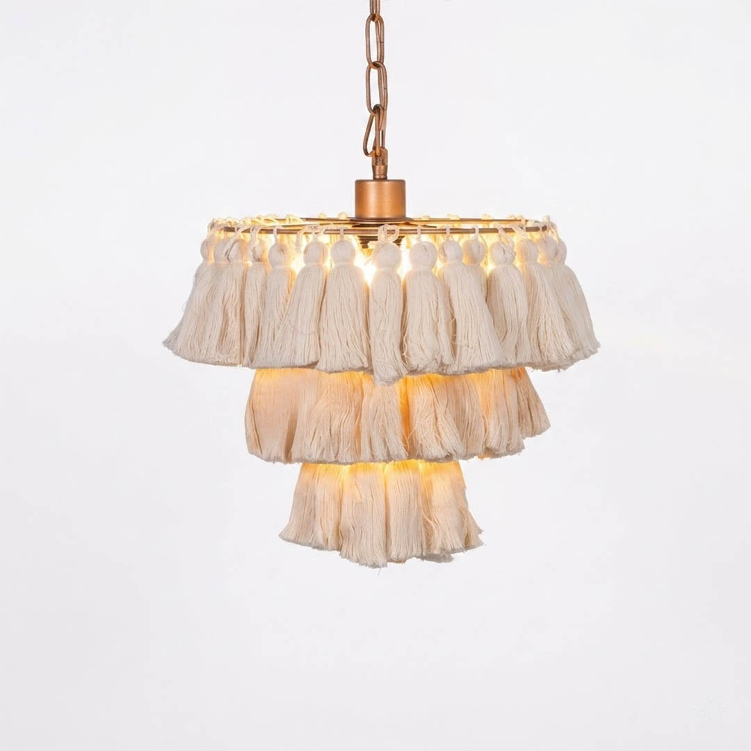 Marrakesh boho tassel pendant light fabric fringe round metal frame  white background