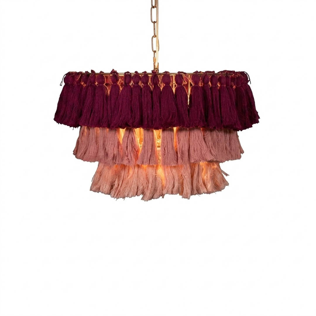 Marrakesh boho tassel pendant light fabric fringe round metal frame  white background