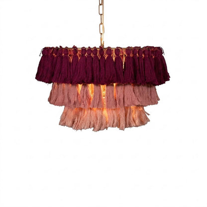 Marrakesh boho tassel pendant light fabric fringe round metal frame  white background