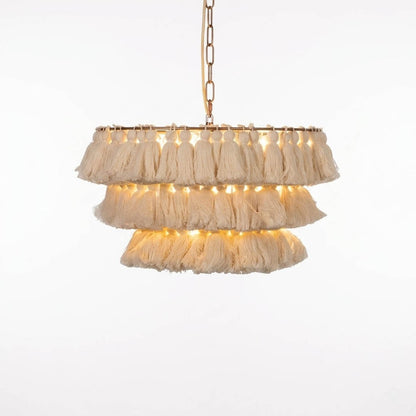 Marrakesh boho tassel pendant light fabric fringe round metal frame  white background