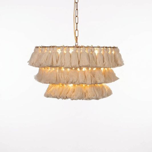 Marrakesh boho tassel pendant light fabric fringe round metal frame  white background