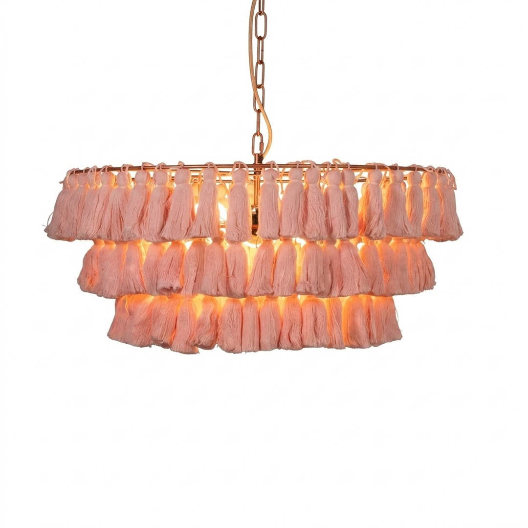 Marrakesh boho tassel pendant light fabric fringe round metal frame  white background