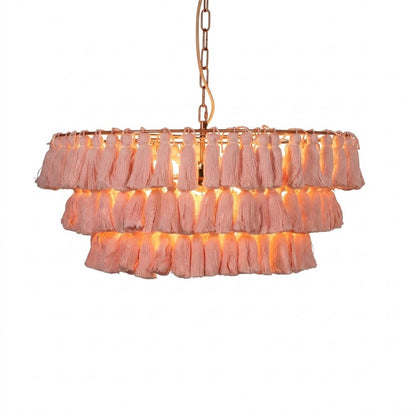 Marrakesh boho tassel pendant light fabric fringe round metal frame  white background