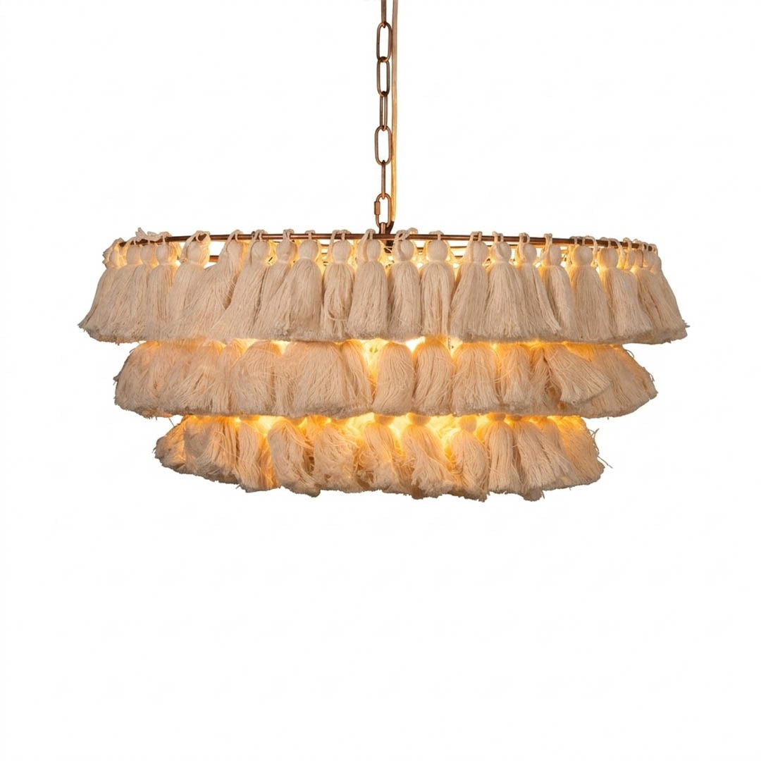 Marrakesh boho tassel pendant light fabric fringe round metal frame  white background