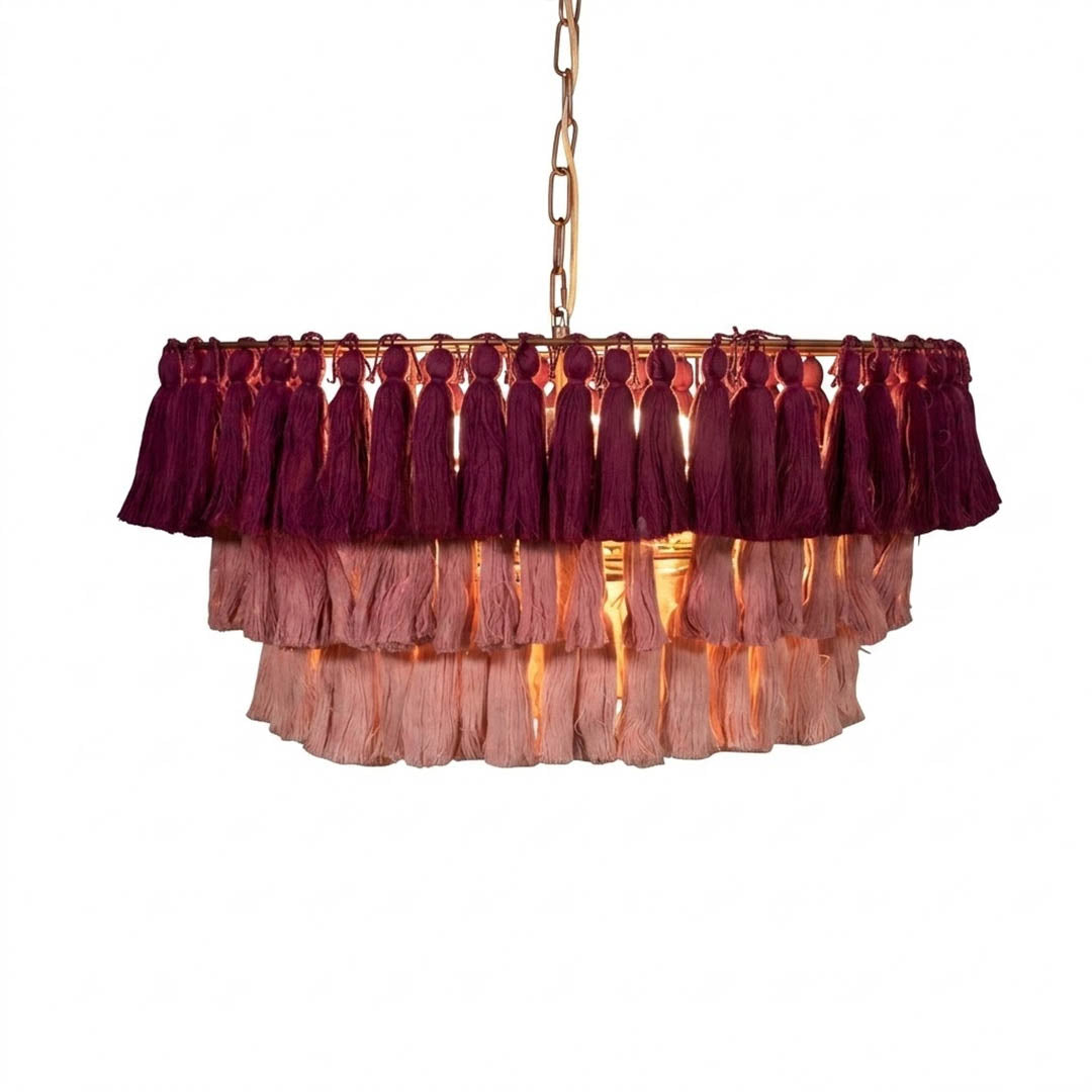 Marrakesh boho tassel pendant light fabric fringe round metal frame  white background