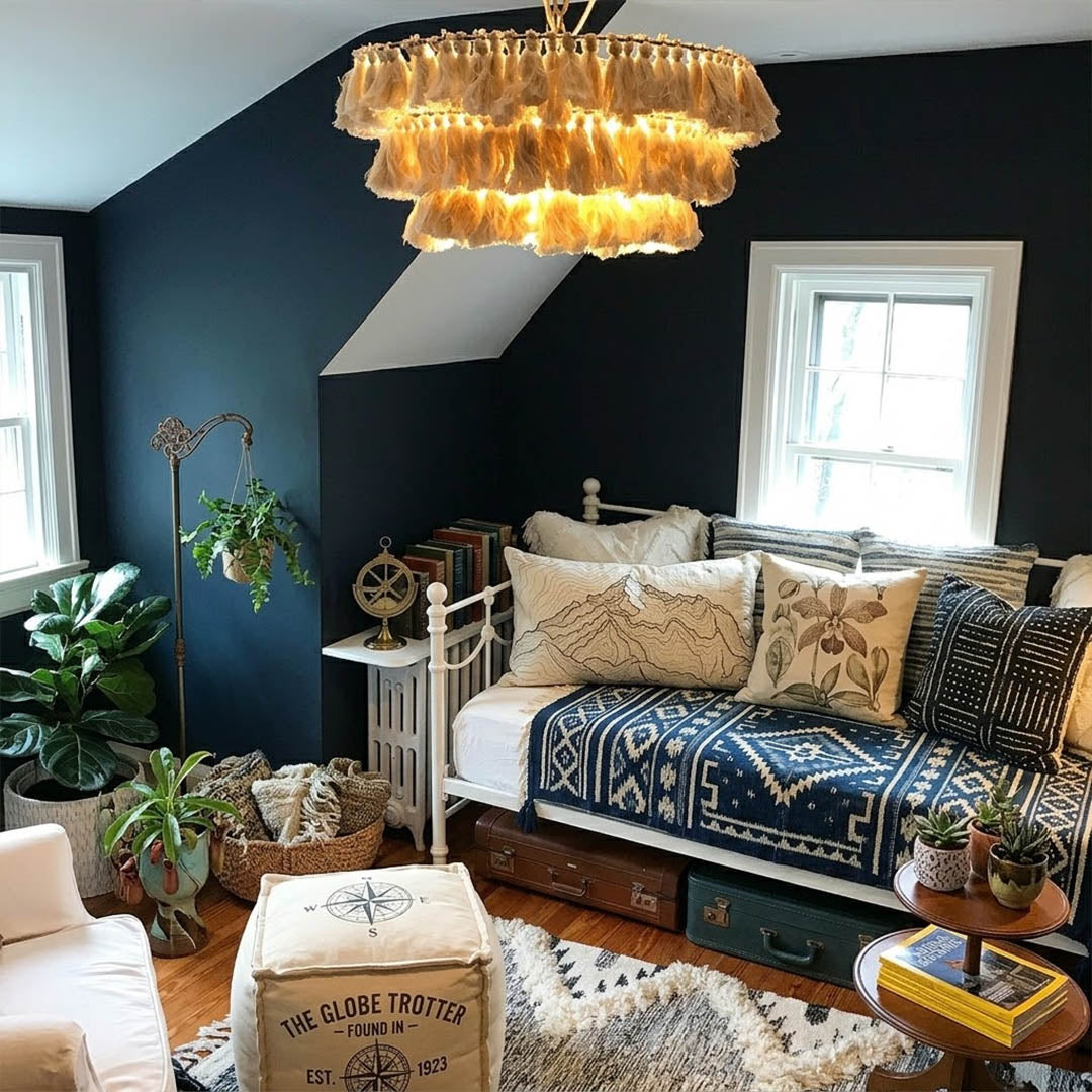 Marrakesh boho tassel pendant light above dining table coastal nordic interior warm light
