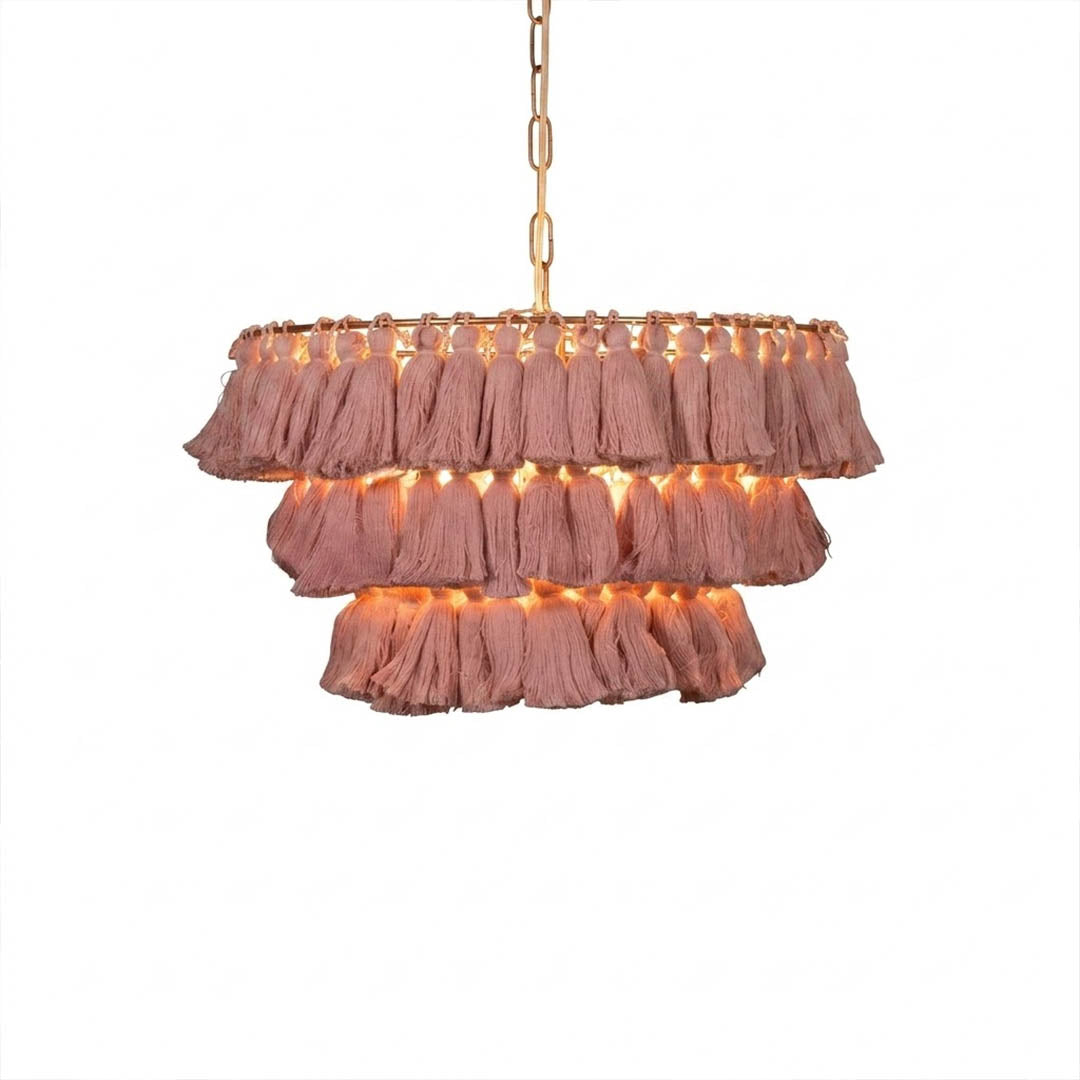 Marrakesh boho tassel pendant light fabric fringe round metal frame  white background