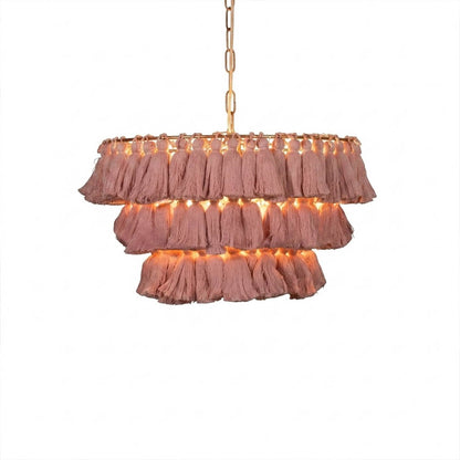 Marrakesh boho tassel pendant light fabric fringe round metal frame  white background