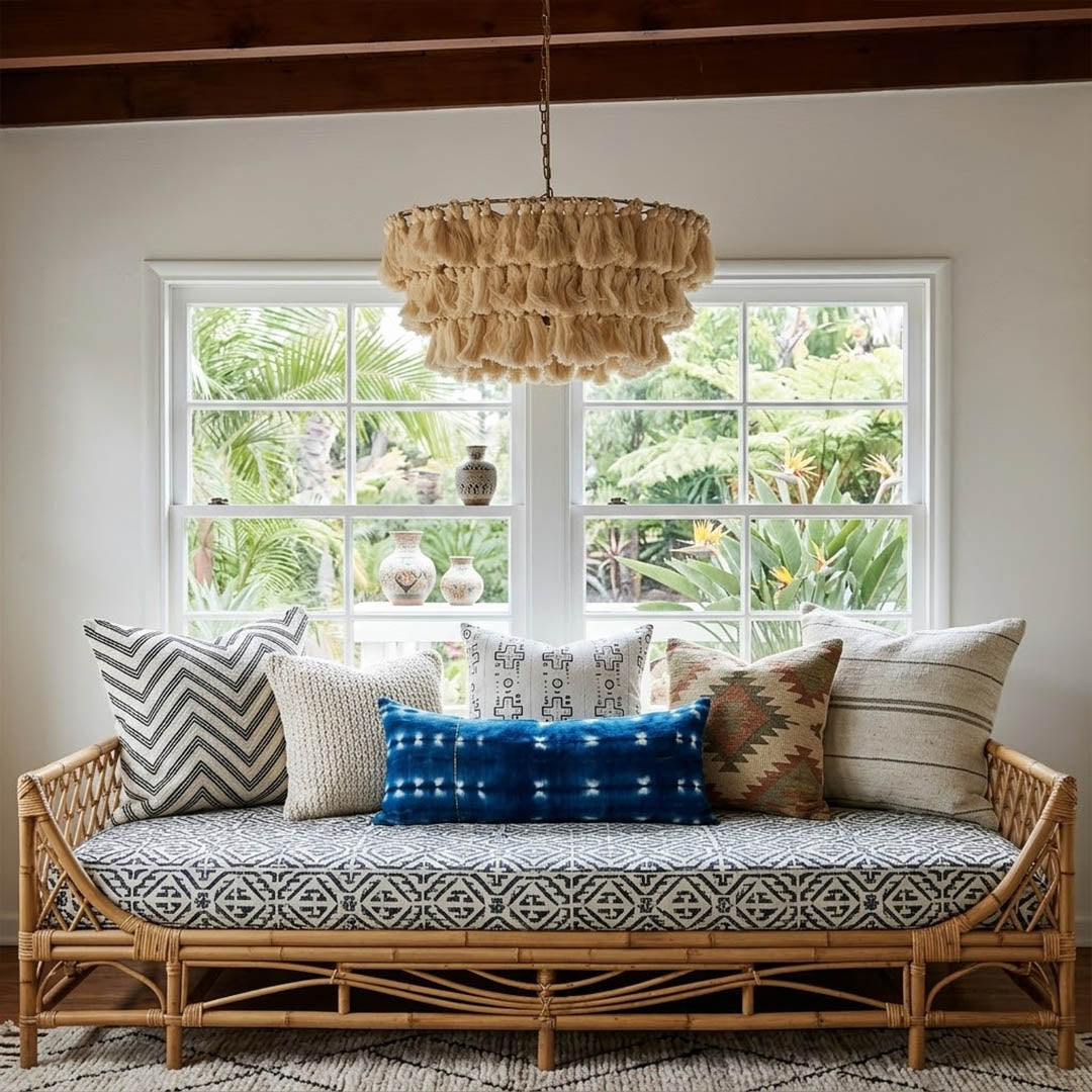 Marrakesh boho tassel pendant light above dining table coastal nordic interior warm light