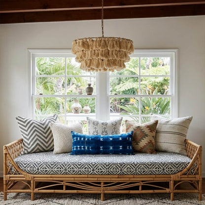 Marrakesh boho tassel pendant light above dining table coastal nordic interior warm light
