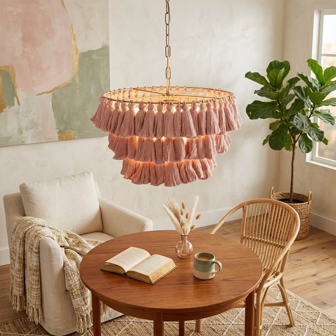 Marrakesh boho tassel pendant light above dining table coastal nordic interior warm light