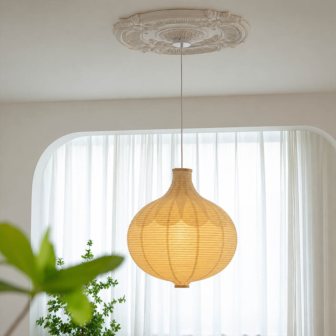 Mayu pendant light 22.4 inch reading corner armchair cozy intimate warm ambient sculptural oval cocoon Japanese Japandi lifestyle interior
