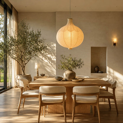 Mayu pendant light 22.4 inch modern dining room rectangular table statement warm ambient sculptural oval cocoon Japandi Zen Japanese elegant lifestyle interior