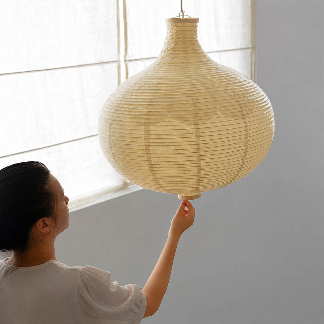 Mayu pendant light 22.4 inch primary bedroom sculptural ceiling anchor warm ambient cocoon oval Japandi Wabi Sabi Japanese lifestyle interior