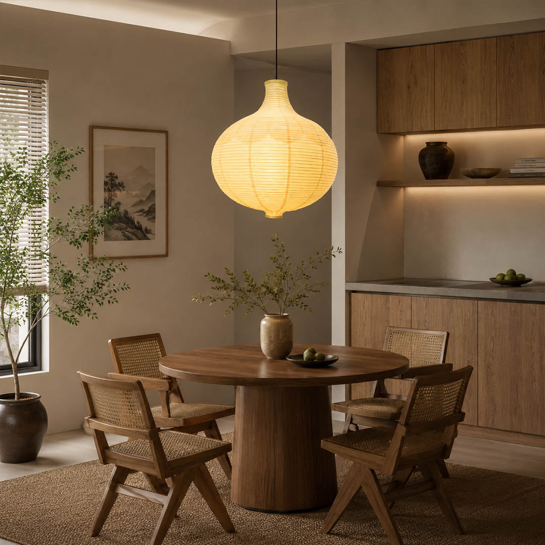 Mayu pendant light 22.4 inch modern breakfast nook round table cozy intimate warm ambient sculptural oval cocoon Japandi Japanese lifestyle interior