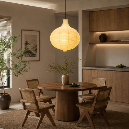 Mayu pendant light 22.4 inch modern breakfast nook round table cozy intimate warm ambient sculptural oval cocoon Japandi Japanese lifestyle interior