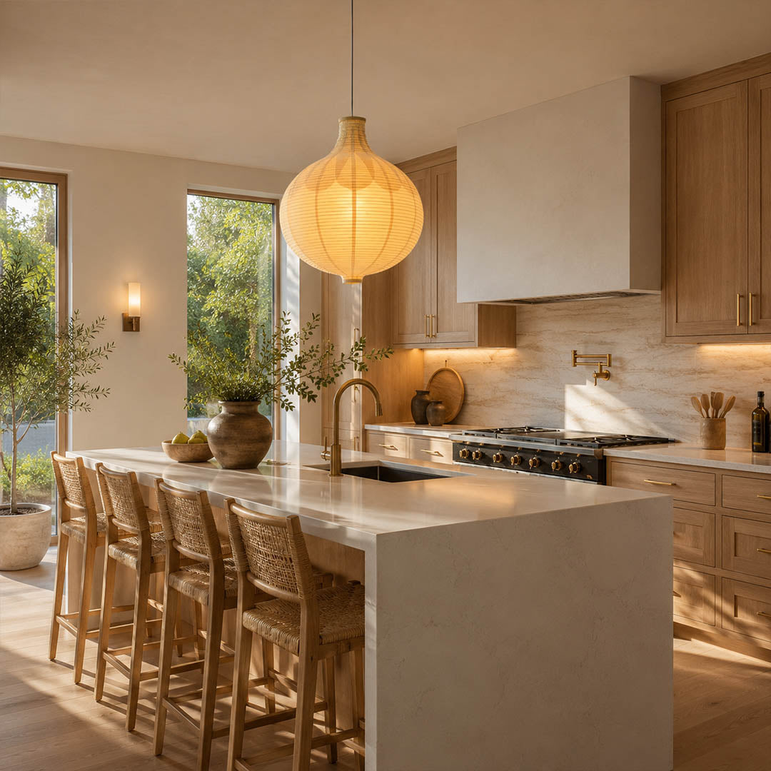 Mayu pendant light 22.4 inch modern kitchen island marble counter statement warm ambient sculptural oval Japandi Japanese lifestyle interior